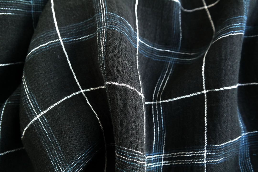 High Twisted Linen Fabric with Wrinkle Effect -Spaced Dyed Windowpane Check 6645 6688 - The Linen Lab - BLACK 6645