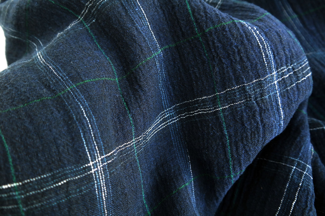 High Twisted Linen Fabric with Wrinkle Effect -Spaced Dyed Windowpane Check 6645 6688 - The Linen Lab - NAVY 6688