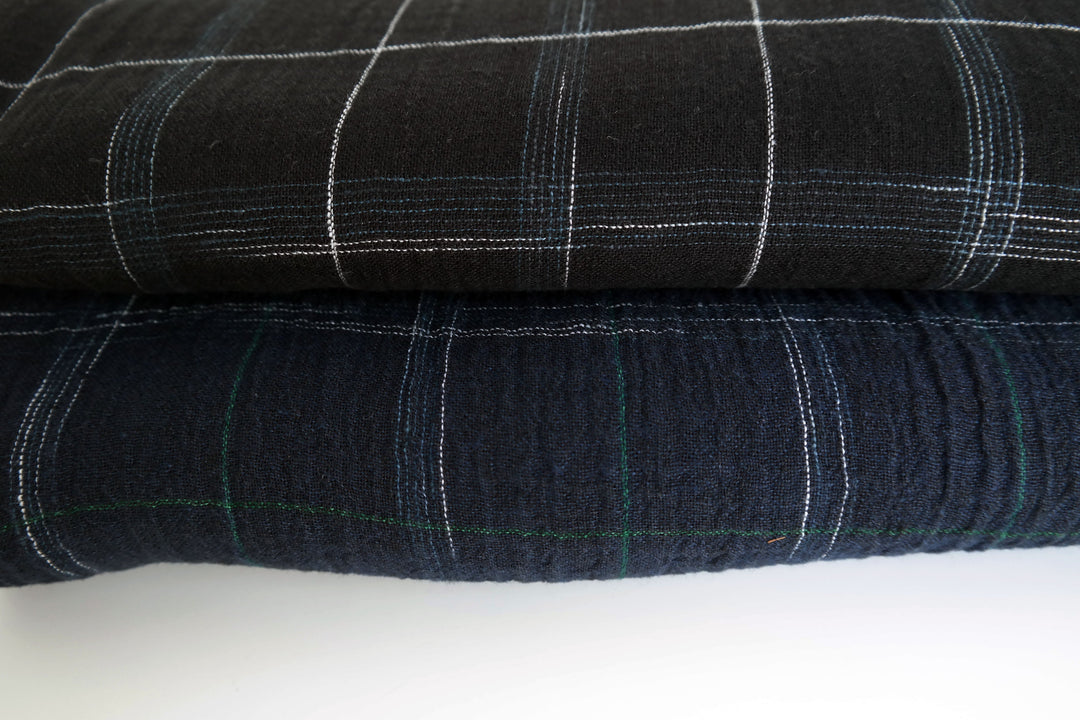 High Twisted Linen Fabric with Wrinkle Effect -Spaced Dyed Windowpane Check 6645 6688 - The Linen Lab - NAVY 6688