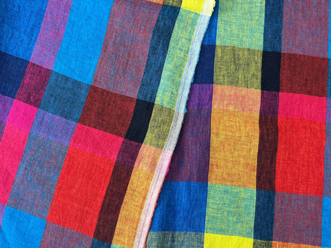Colorful Madras Check 100% Linen Fabric | Pre-Washed Soft Touch | 8017