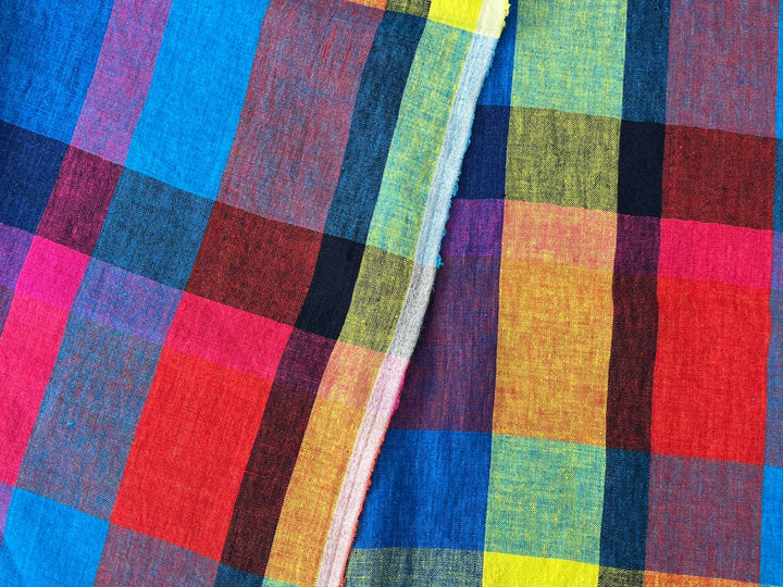Colorful Madras Check 100% Linen Fabric | Pre-Washed Soft Touch | 8017