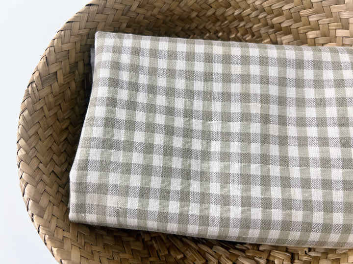 Linen Cotton Gingham Check Fabric – Ivory & Beige, 44" Wide, Soft Plain Weave 8196