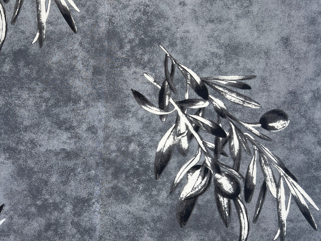100% Linen Printed Fabric – Grey with Large Olive Branch Pattern (46×32 inch Panel) 6931