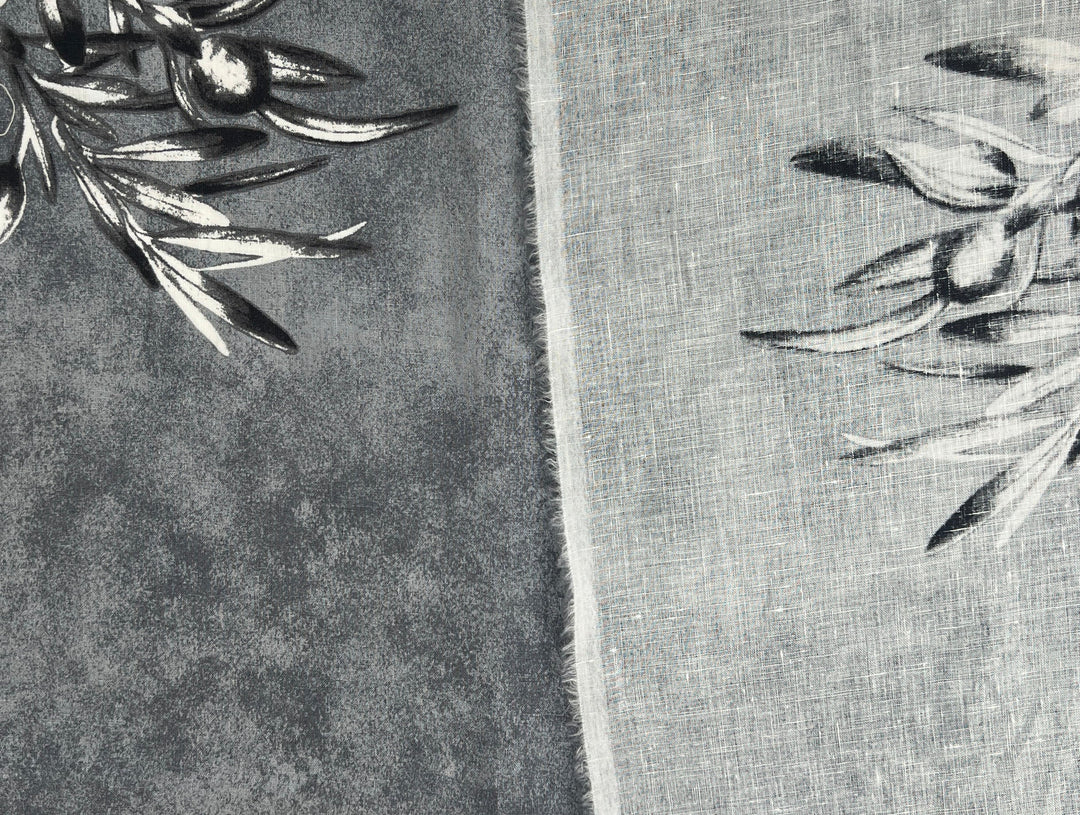 100% Linen Printed Fabric – Grey with Large Olive Branch Pattern (46×32 inch Panel) 6931