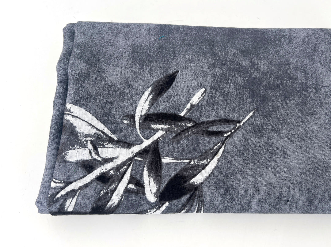 100% Linen Printed Fabric – Grey with Large Olive Branch Pattern (46×32 inch Panel) 6931