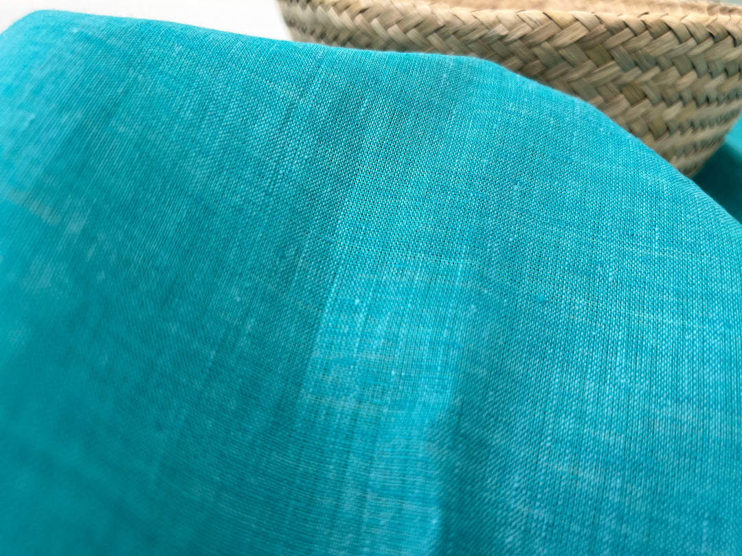 100% Linen Vintage Dyed Delave Fabric – Fine 21s Yarn, Pre-Washed, Light Weight Bright Teal 6591