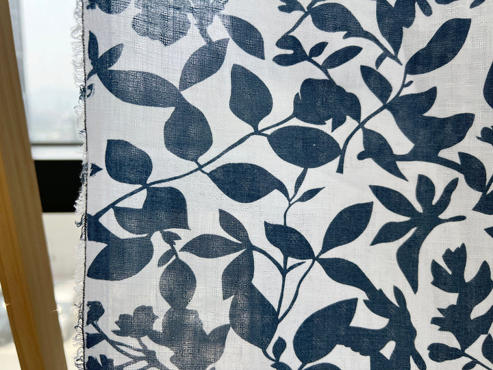 Navy Botanical Leaf Print on White Dobby Linen – 100% Linen, Lightweight 8191