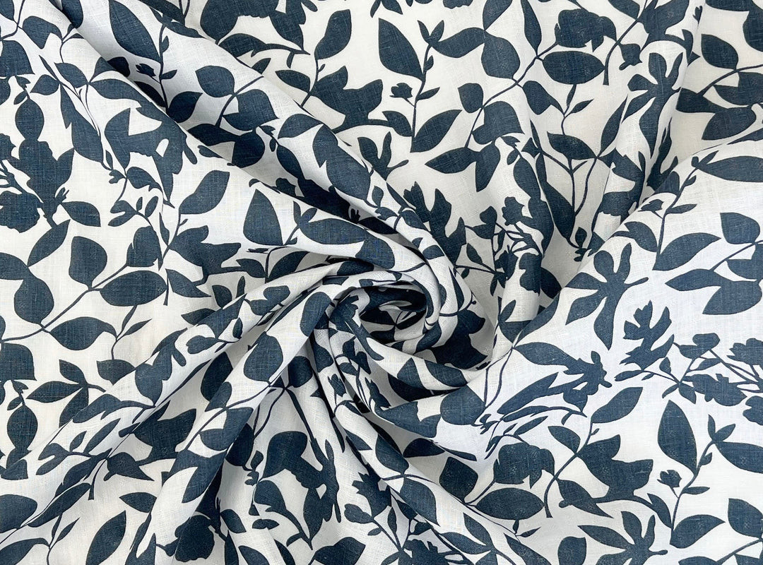 Navy Botanical Leaf Print on White Dobby Linen – 100% Linen, Lightweight 8191