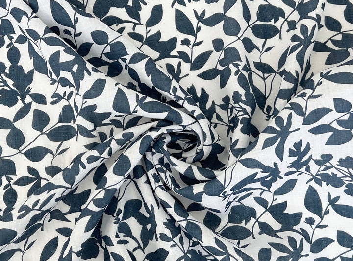 Navy Botanical Leaf Print on White Dobby Linen – 100% Linen, Lightweight 8191
