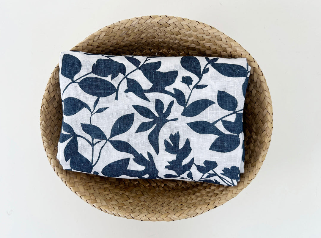 Navy Botanical Leaf Print on White Dobby Linen – 100% Linen, Lightweight 8191
