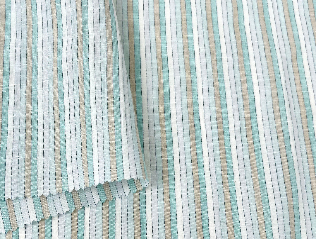 Light Linen Cotton Blend Fabric with Aqua & Beige Stripes 473