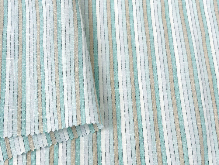 Light Linen Cotton Blend Fabric with Aqua & Beige Stripes 473