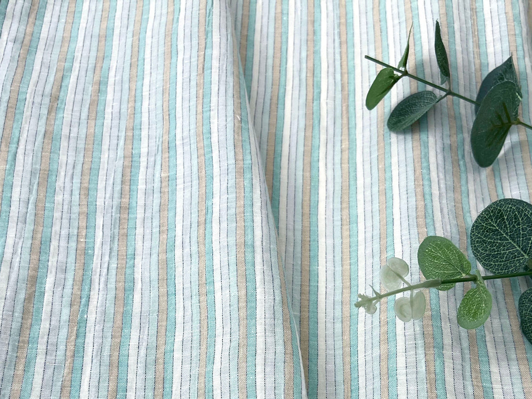 Light Linen Cotton Blend Fabric with Aqua & Beige Stripes 473