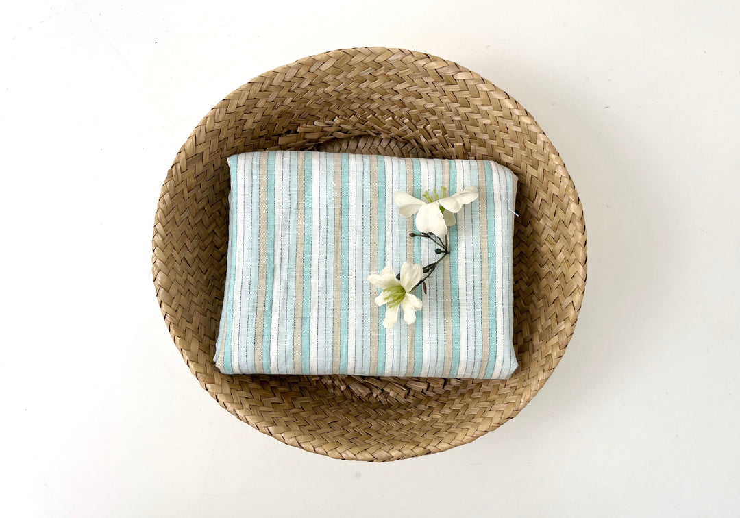 Light Linen Cotton Blend Fabric with Aqua & Beige Stripes 473