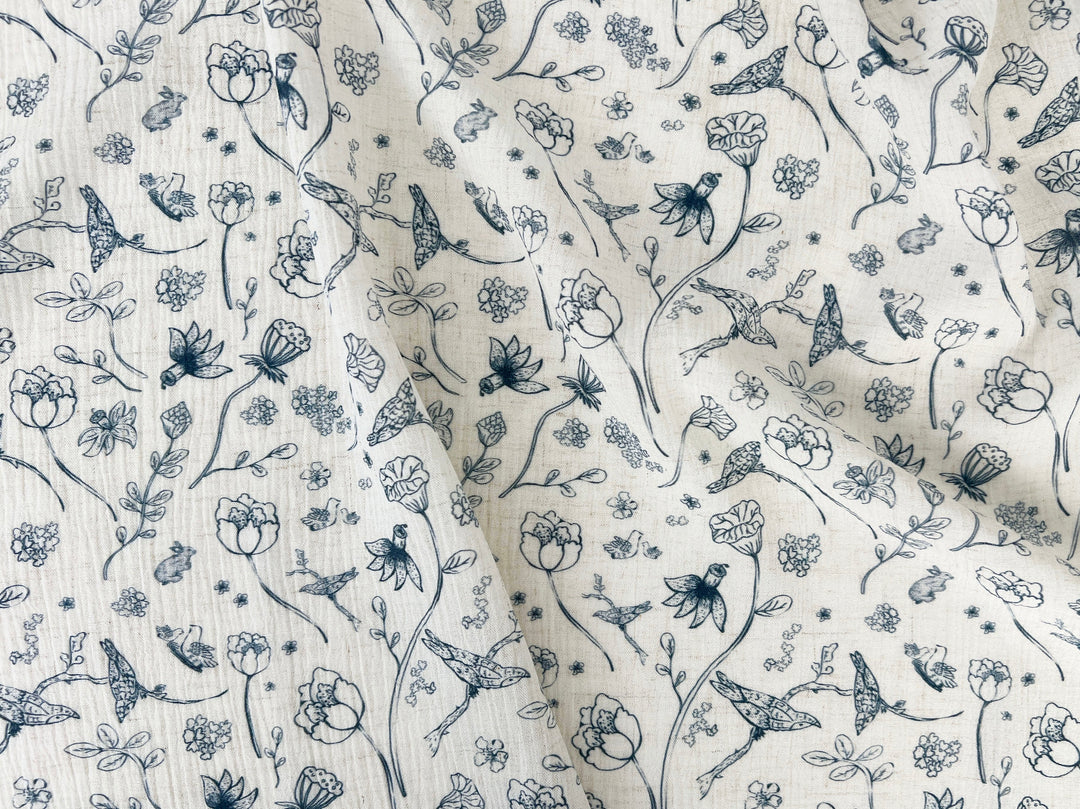 Birds of a Feather, Linen Rayon Print Fabric, Design by Madeline, Madswick Studio, 8222 8223 8224 8225