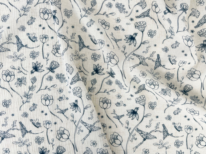 Birds of a Feather, Linen Rayon Print Fabric, Design by Madeline, Madswick Studio, 8222 8223 8224 8225