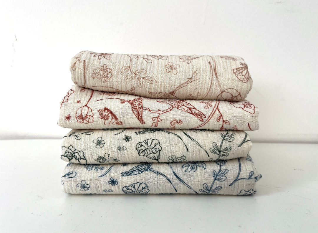 Birds of a Feather, Linen Rayon Print Fabric, Design by Madeline, Madswick Studio, 8222 8223 8224 8225