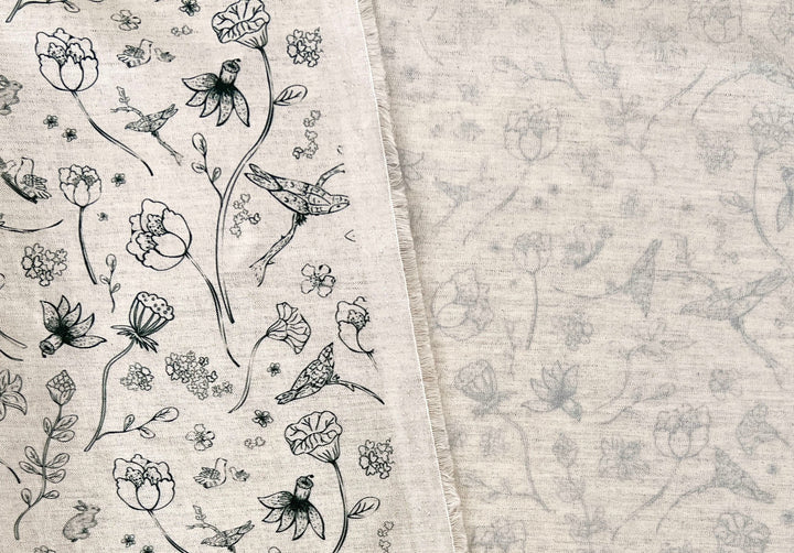Birds of a Feather, Linen Rayon Silk Print Fabric, Design by Madeline, Madswick Studio, 8227 8228