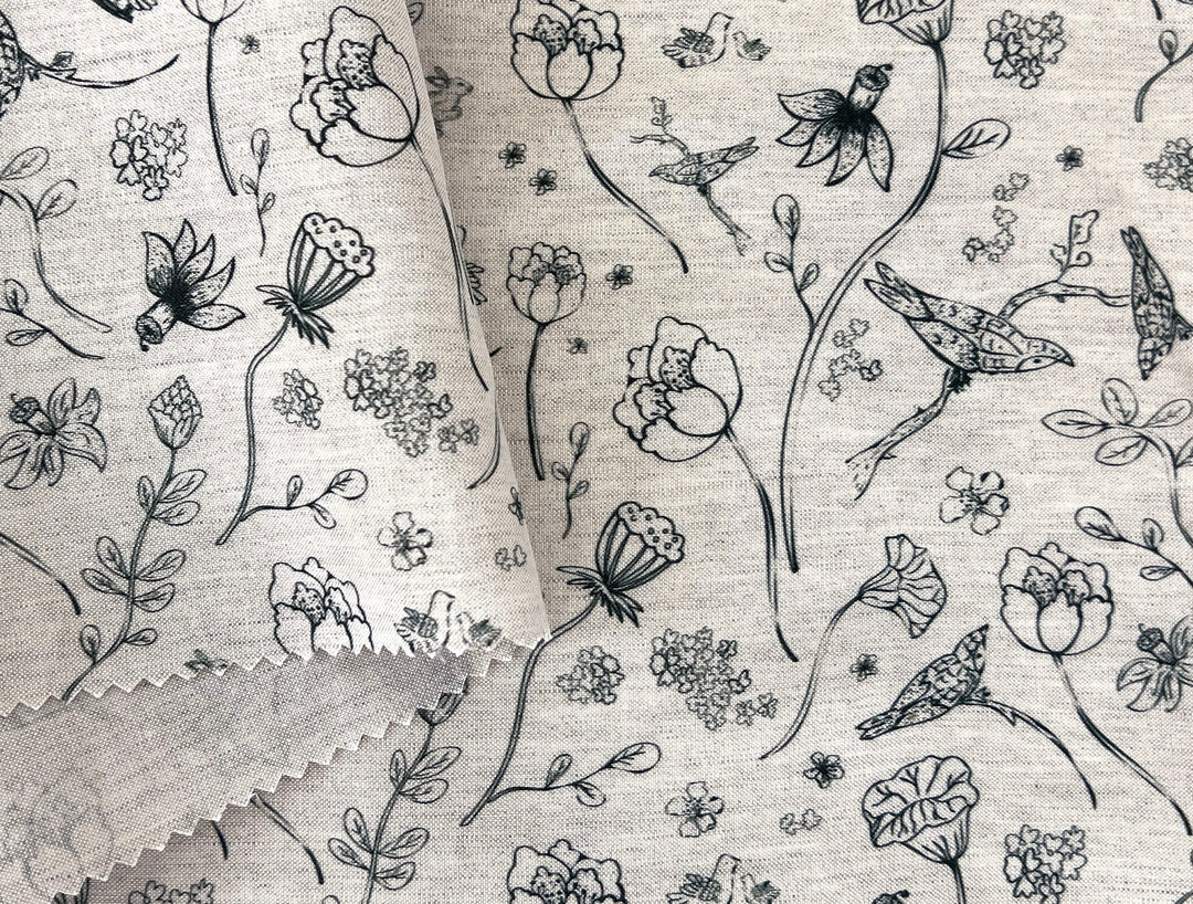 Birds of a Feather, Linen Rayon Silk Print Fabric, Design by Madeline, Madswick Studio, 8227 8228