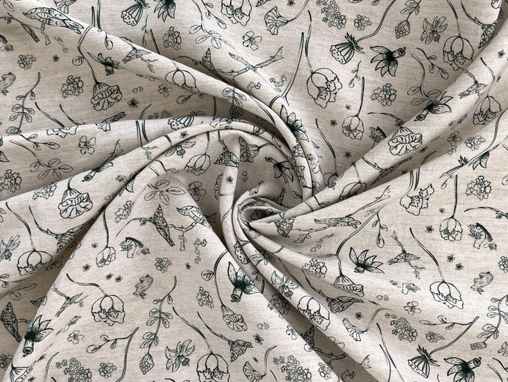 Birds of a Feather, Linen Rayon Silk Print Fabric, Design by Madeline, Madswick Studio, 8227 8228