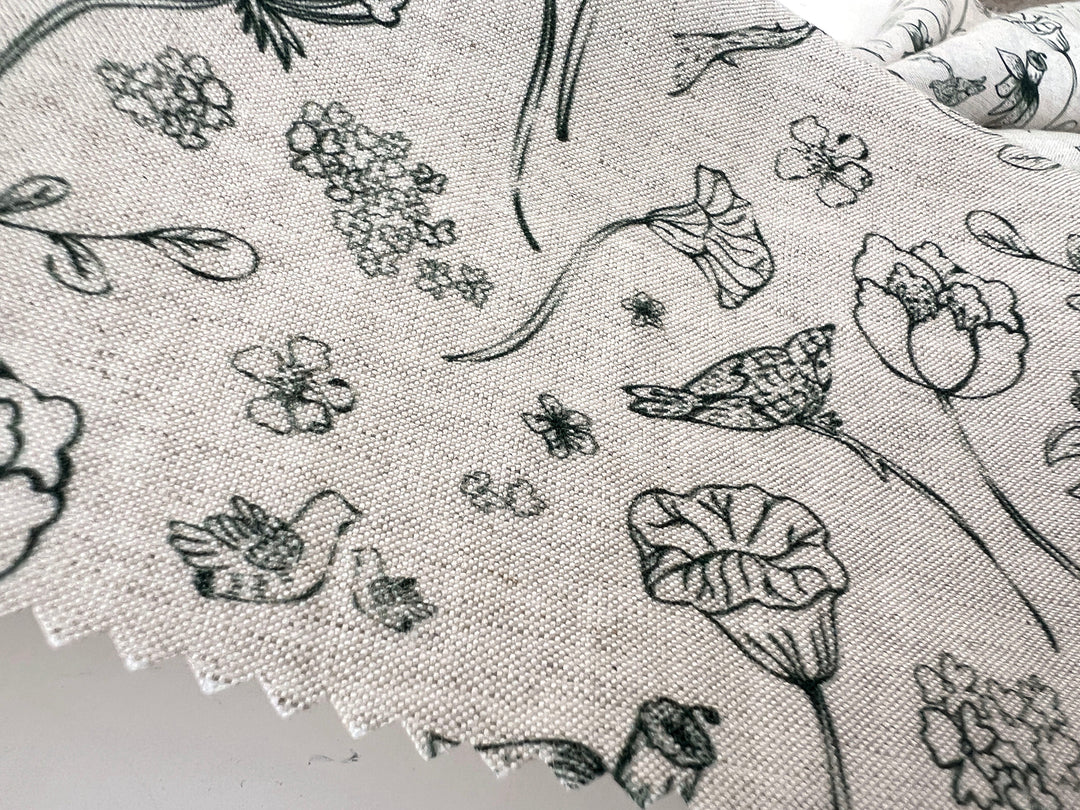 Birds of a Feather, Linen Rayon Silk Print Fabric, Design by Madeline, Madswick Studio, 8227 8228