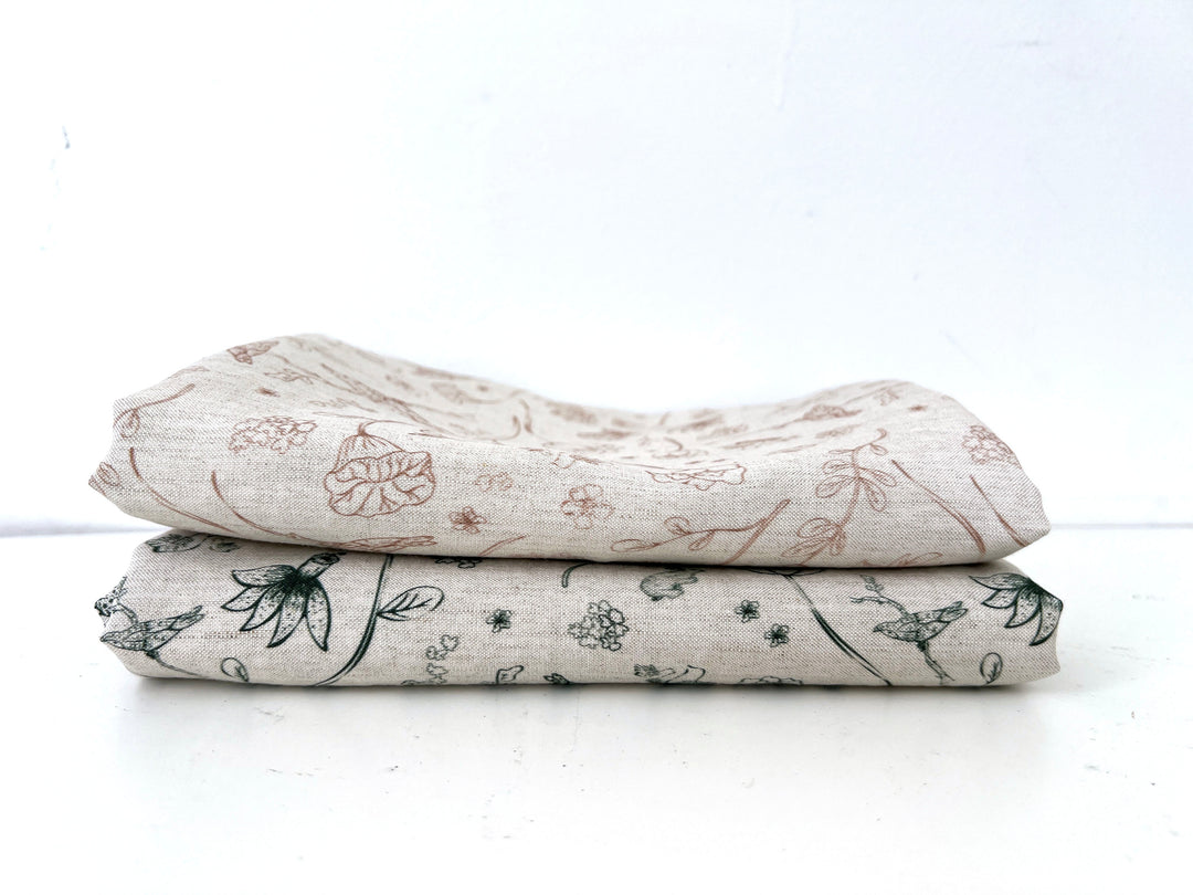Birds of a Feather, Linen Rayon Silk Print Fabric, Design by Madeline, Madswick Studio, 8227 8228