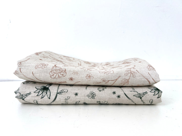 Birds of a Feather, Linen Rayon Silk Print Fabric, Design by Madeline, Madswick Studio, 8227 8228