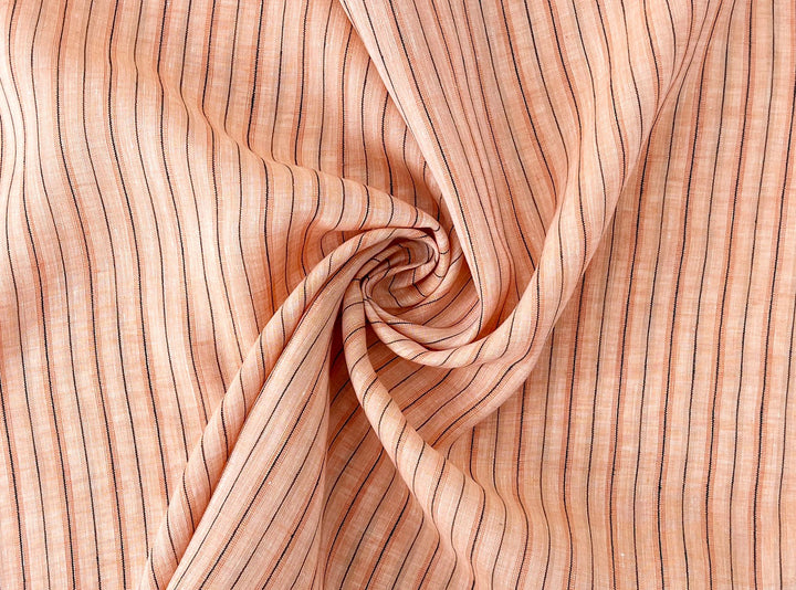 100% Linen Fabric – Light Orange with Dark Grey Stripes, Lightweight, Pre-Washed 3768