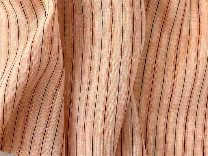 100% Linen Fabric – Light Orange with Dark Grey Stripes, Lightweight, Pre-Washed 3768