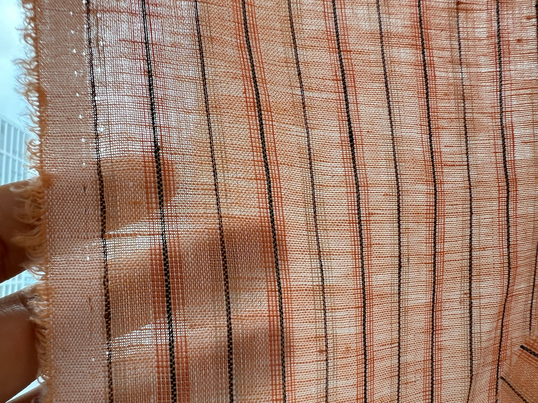 100% Linen Fabric – Light Orange with Dark Grey Stripes, Lightweight, Pre-Washed 3768