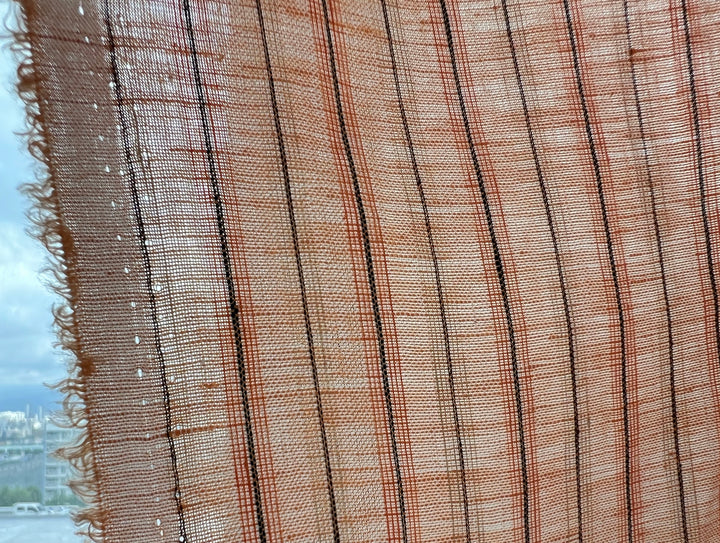 100% Linen Fabric – Light Orange with Dark Grey Stripes, Lightweight, Pre-Washed 3768