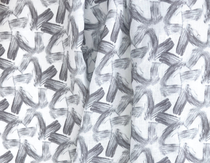 Brushstroke Print 100% Linen Fabric – Grey on White, Dobby Texture, Light Weight 7641