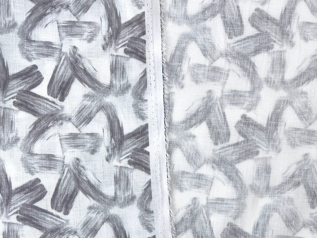 Brushstroke Print 100% Linen Fabric – Grey on White, Dobby Texture, Light Weight 7641