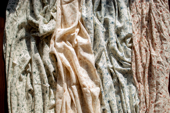 Birds of a Feather, Linen Rayon Print Fabric, Design by Madeline, Madswick Studio, 8222 8223 8224 8225