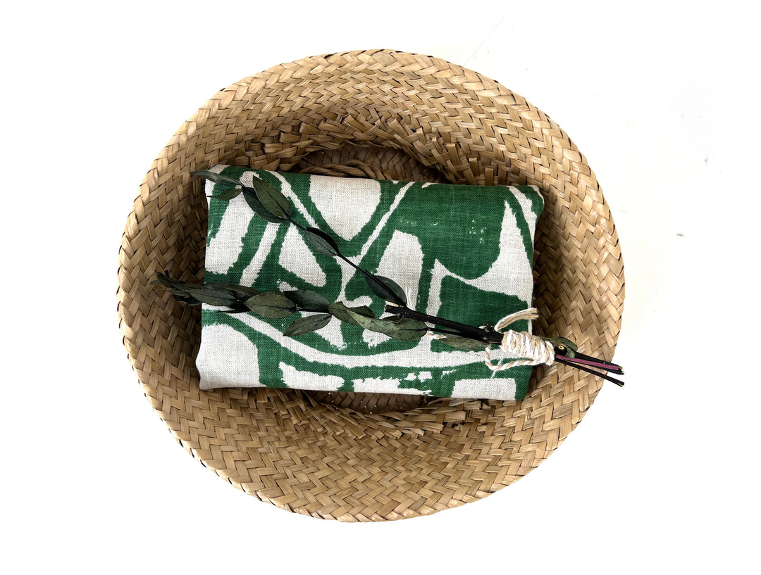 100% Linen Fabric – Green Abstract Print, Light to Medium Weight, Pre-Washed 4036