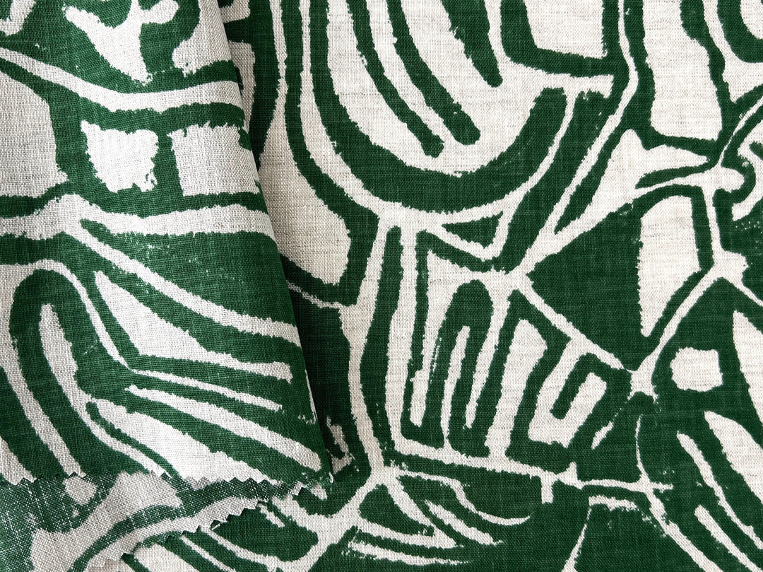 100% Linen Fabric – Green Abstract Print, Light to Medium Weight, Pre-Washed 4036