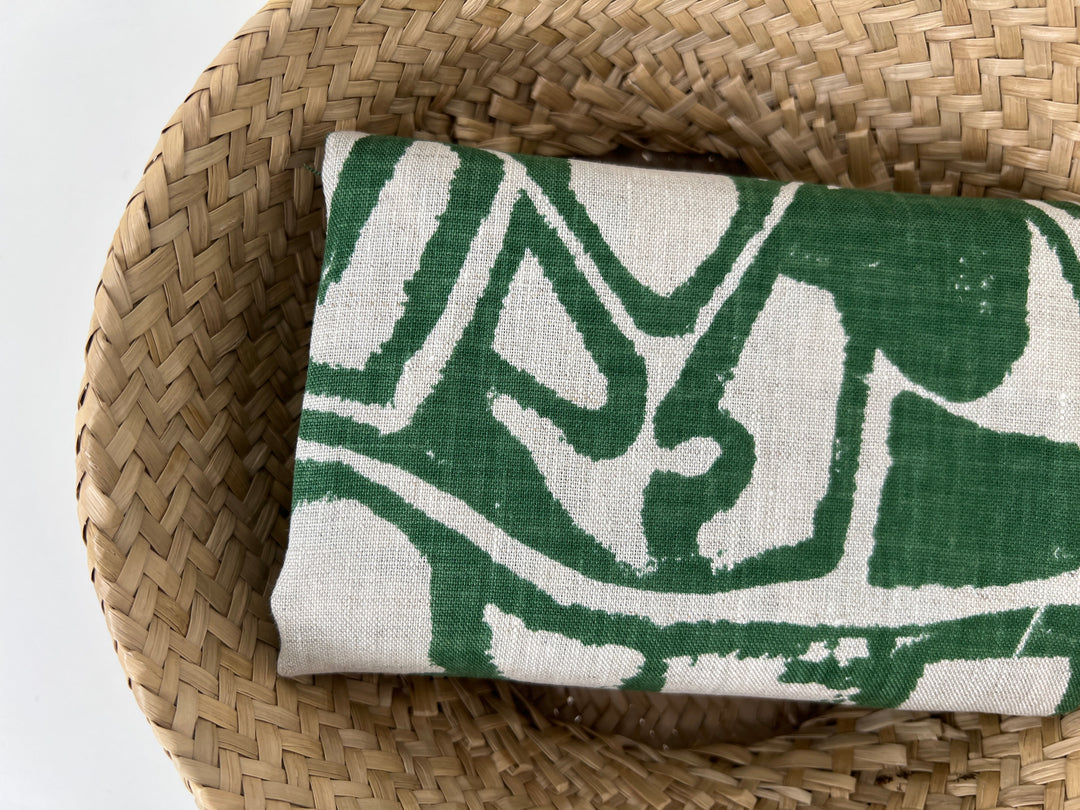 100% Linen Fabric – Green Abstract Print, Light to Medium Weight, Pre-Washed 4036