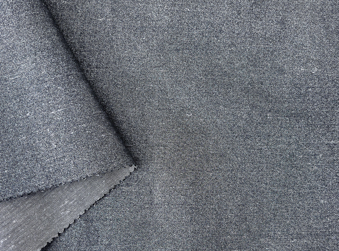 Ramie Cotton Fabric – Navy Denim Style with Silver Foil Print, Medium Weight 2052