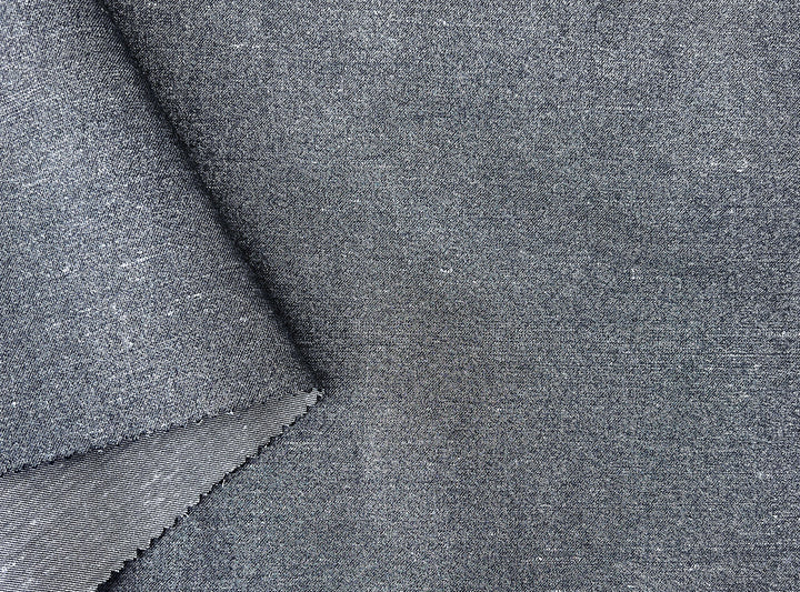 Ramie Cotton Fabric – Navy Denim Style with Silver Foil Print, Medium Weight 2052