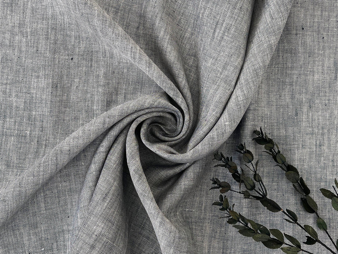 100% Linen Fabric – Grey Chambray Effect, Basket Weave, Pre-Washed 8214