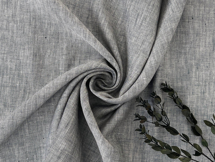 100% Linen Fabric – Grey Chambray Effect, Basket Weave, Pre-Washed 8214