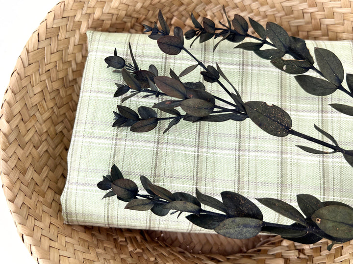 Green Plaid Linen Cotton Fabric – Pre-Washed, Light-Medium Weight 8268