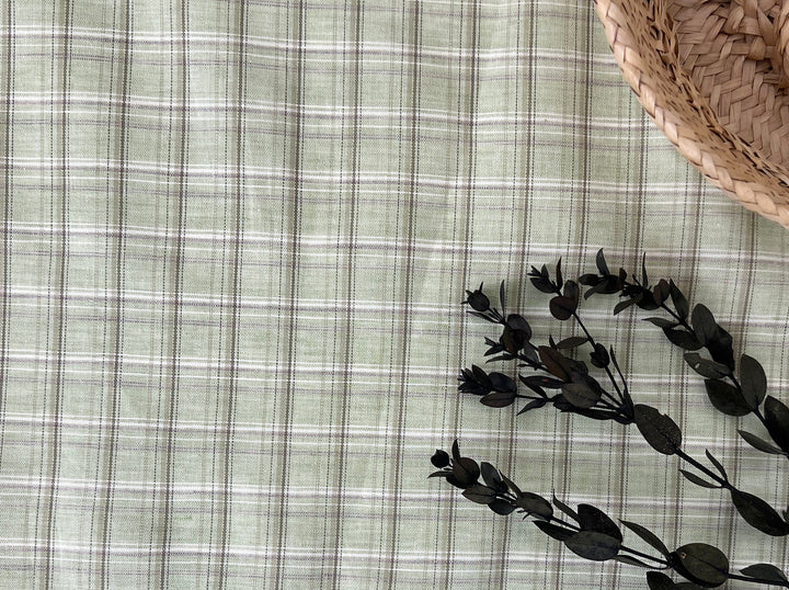 Green Plaid Linen Cotton Fabric – Pre-Washed, Light-Medium Weight 8268