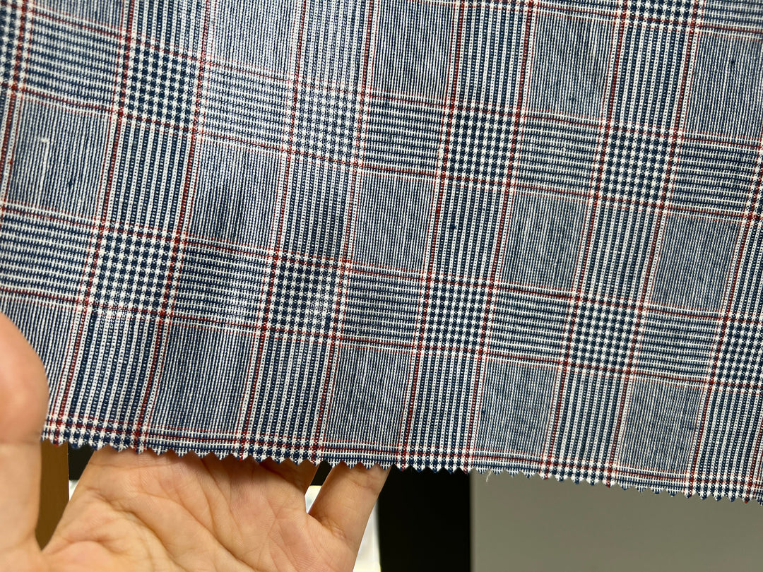 Linen Rayon Glen Plaid Fabric – Navy & White with Red Overcheck | Light-Medium Weight, Pre-Washed 3929