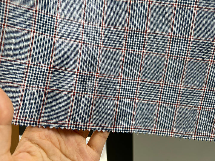 Linen Rayon Glen Plaid Fabric – Navy & White with Red Overcheck | Light-Medium Weight, Pre-Washed 3929