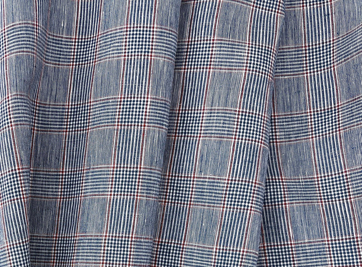 Linen Rayon Glen Plaid Fabric – Navy & White with Red Overcheck | Light-Medium Weight, Pre-Washed 3929