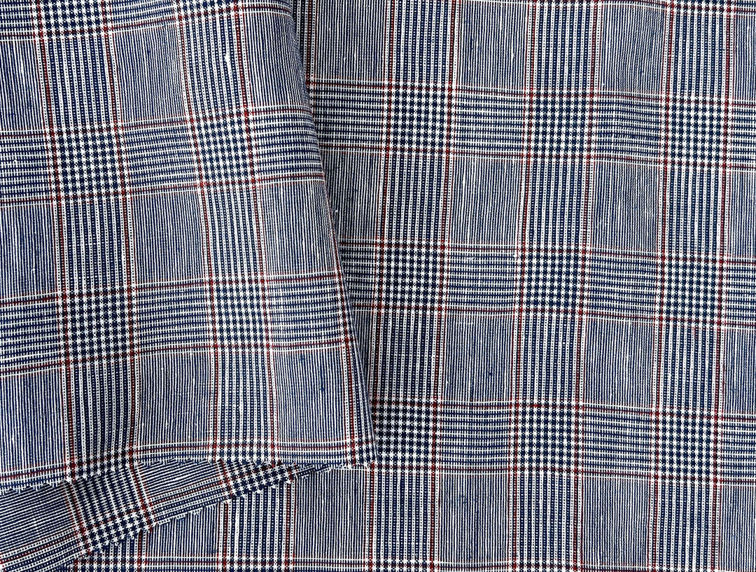 Linen Rayon Glen Plaid Fabric – Navy & White with Red Overcheck | Light-Medium Weight, Pre-Washed 3929