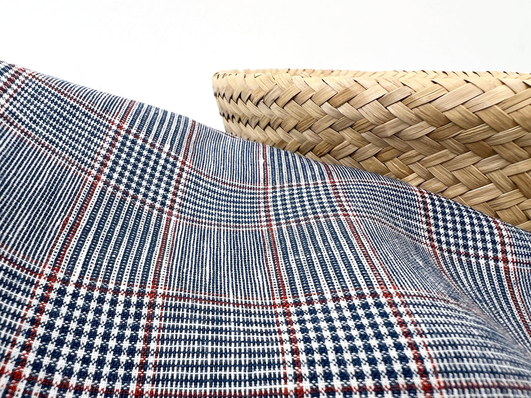 Linen Rayon Glen Plaid Fabric – Navy & White with Red Overcheck | Light-Medium Weight, Pre-Washed 3929