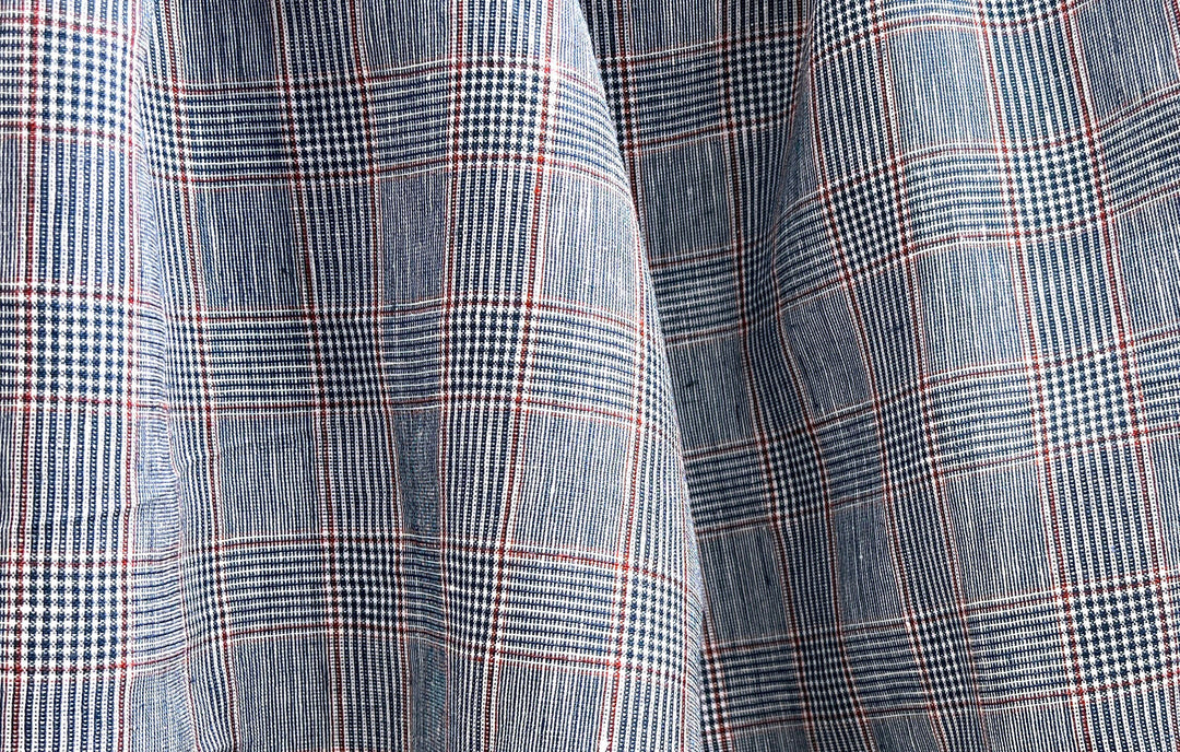 Linen Rayon Glen Plaid Fabric – Navy & White with Red Overcheck | Light-Medium Weight, Pre-Washed 3929