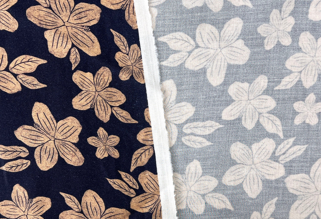 Hawaiian-Inspired Floral Print Fabric – Navy & Beige | Ramie Cotton Satin Weave, Pre-Washed 8275
